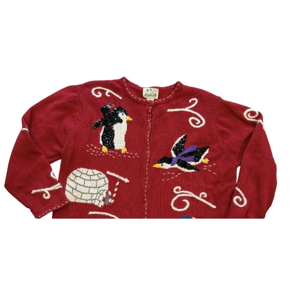 Quacker Factory Christmas Cardigan Sweater 1X Penguin Sequin Embroidered Vintage - Picture 2 of 7